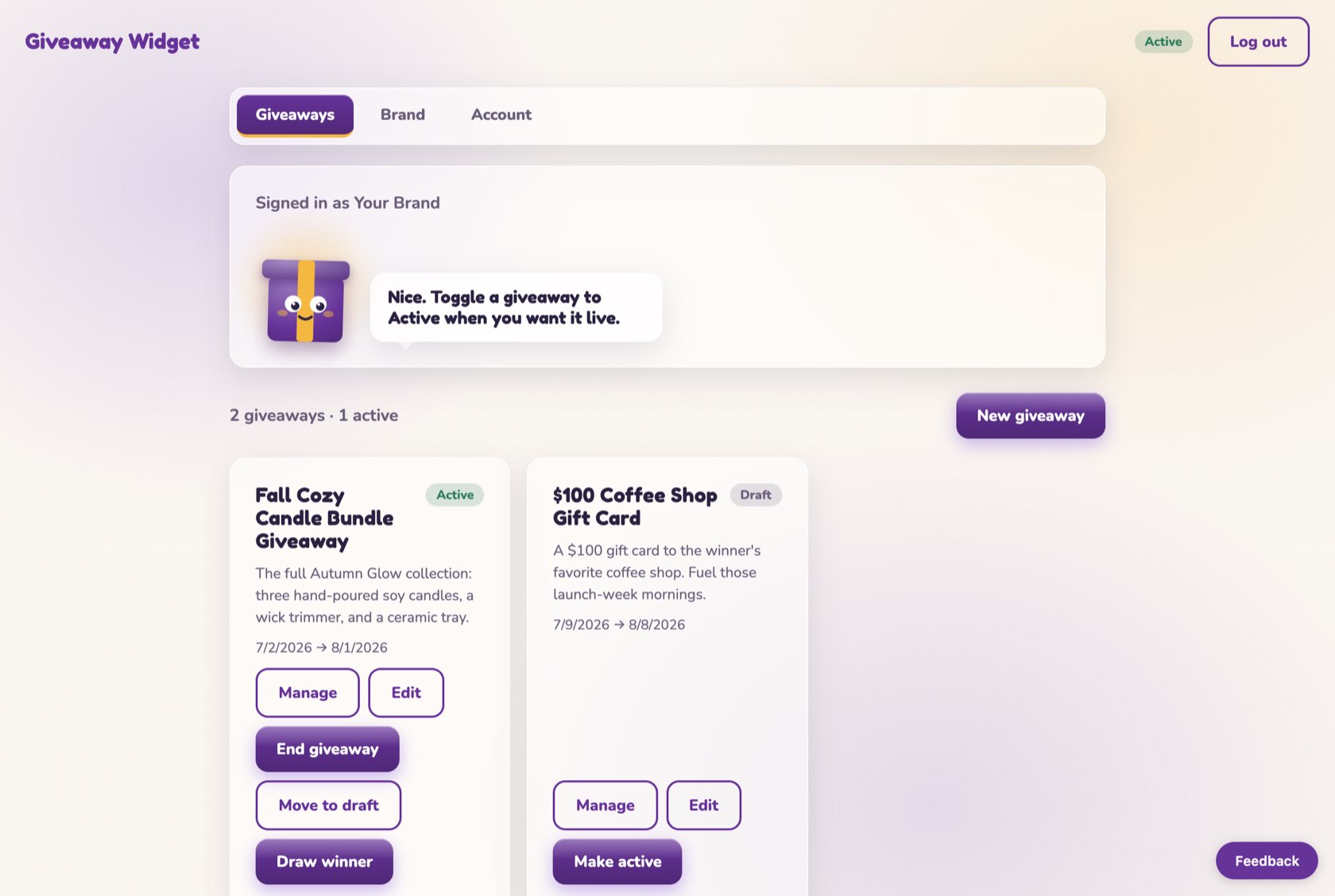 The Giveaway Widget admin dashboard showing two giveaway cards with Manage, Edit, Draw winner, and Make active buttons