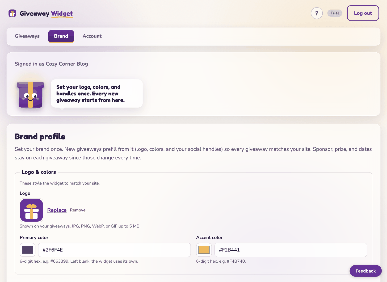The Brand profile form with a logo, a primary color swatch, and an accent color swatch, with Gus explaining that every new giveaway starts from here