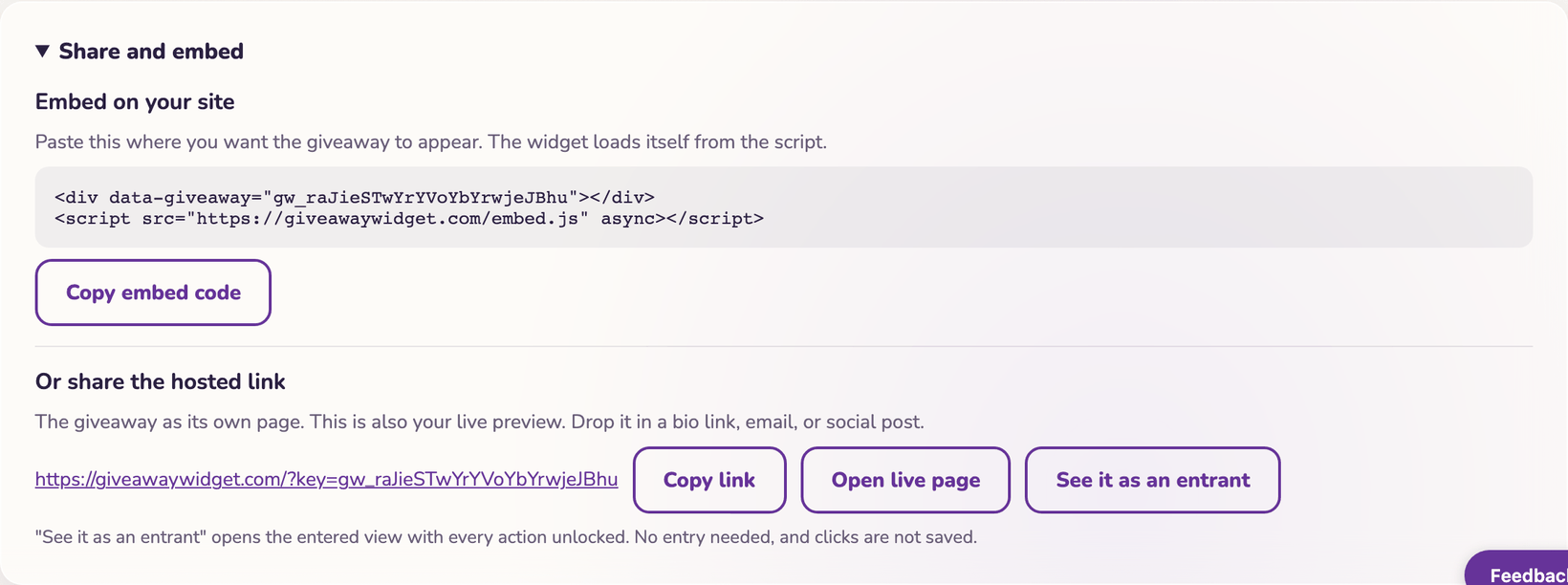 The Share and embed panel with the two-line embed code, a Copy embed code button, the hosted link, and buttons to copy it, open it, or see it as an entrant